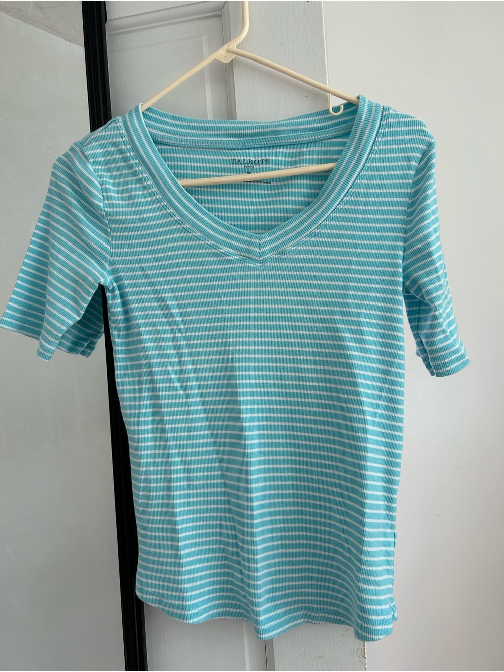 Talbots Aqua and White Striped V-Neck Tee